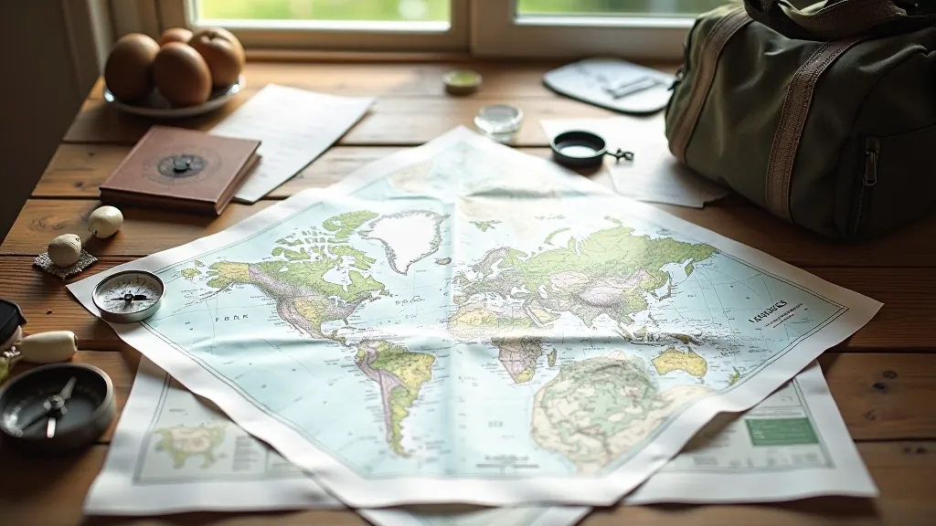 Detalizēta papīra karte ar marķieriem uz meža fona, skaits kompasa un mugurkrūves