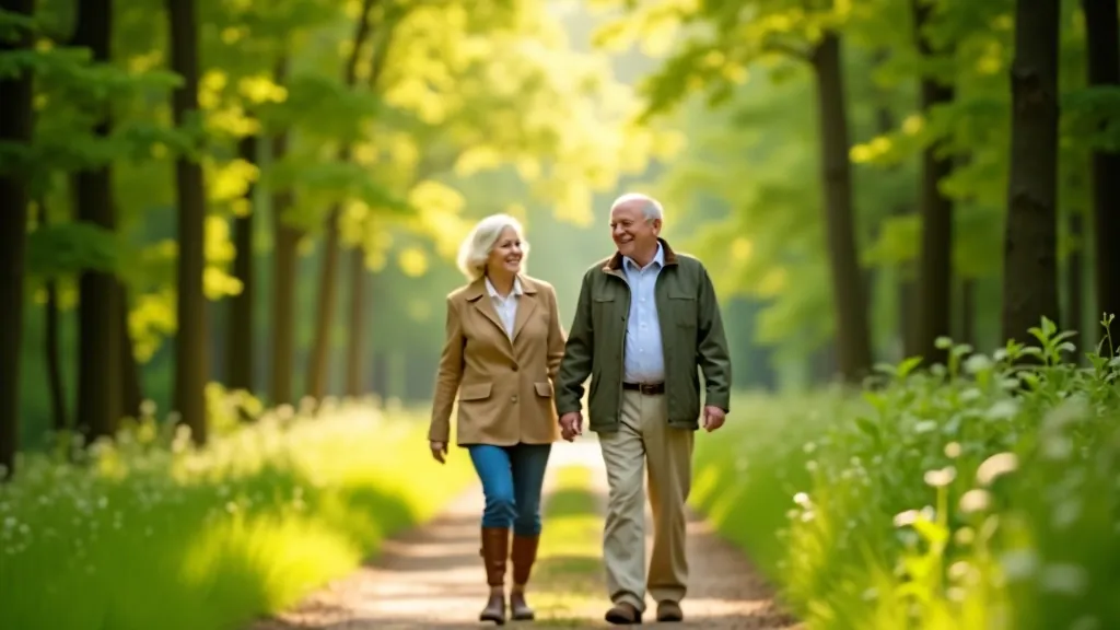 Seniori pastaigā Rīgas Mežaparkā, zaļas koki un mierīga vide
