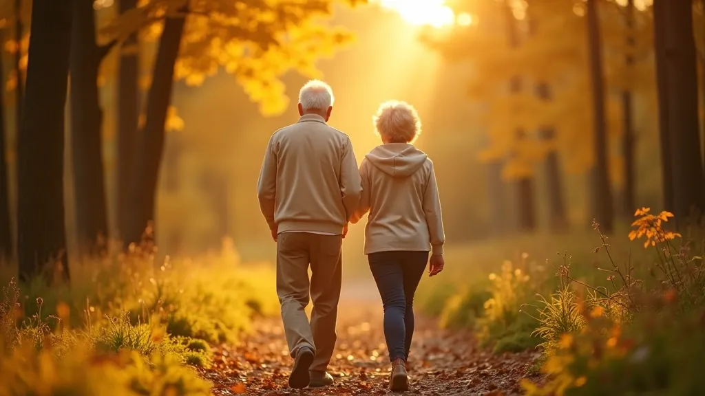 Seniori pastaigā mežā, skaists rudens ainavas fons