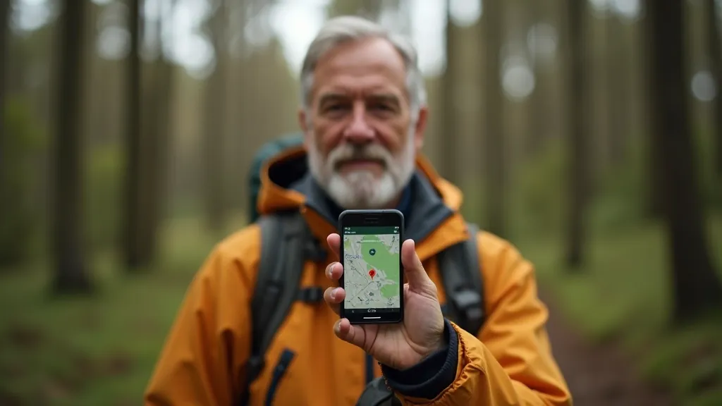Vīrs turpina smartphone ar atvērtu GPS navigācijas karti un markeriem mežā